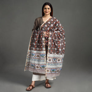 Brown - Handloom Chanderi Silk Sanganeri Print Dupatta 07