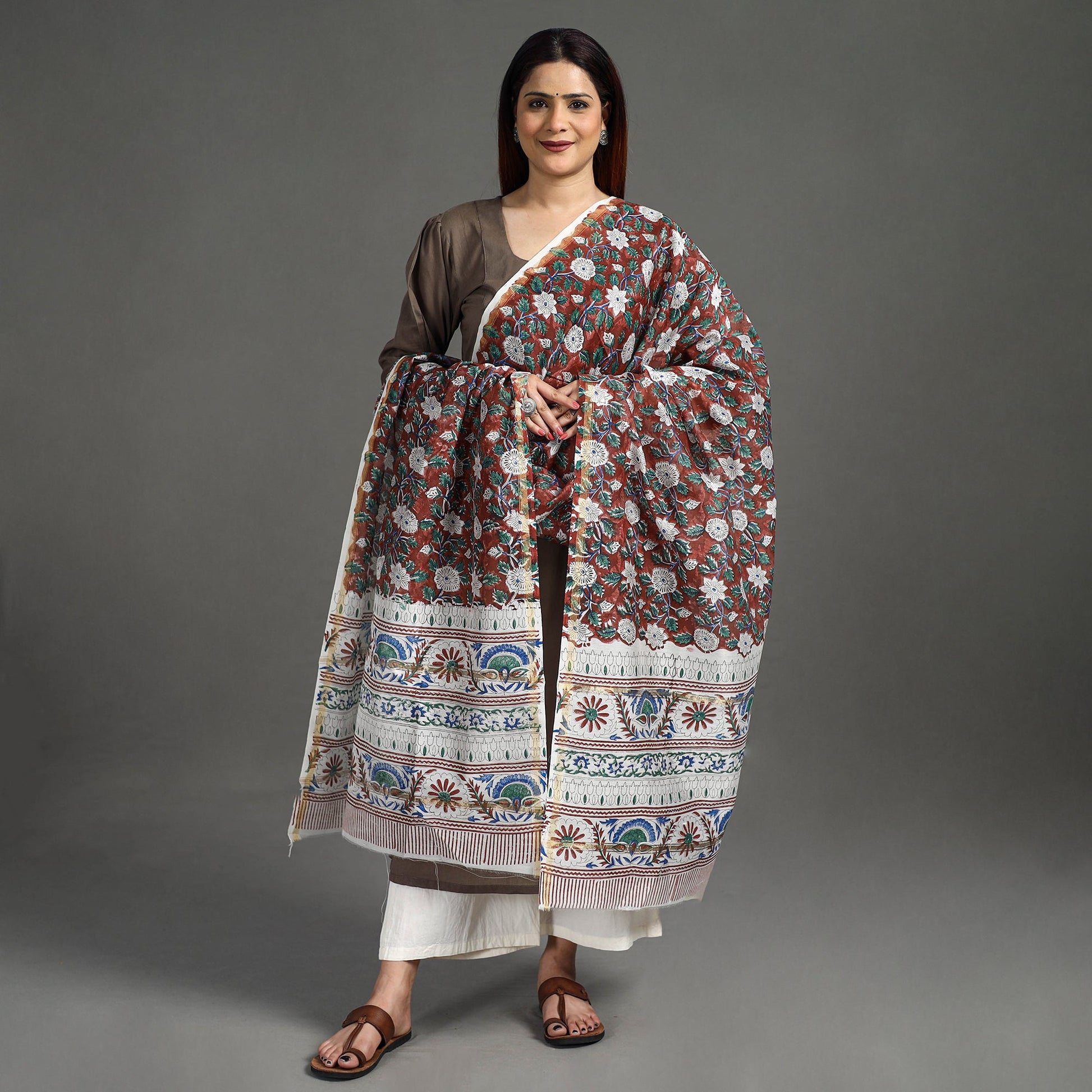 Brown - Handloom Chanderi Silk Sanganeri Print Dupatta 07