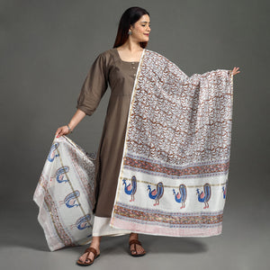 Brown - Handloom Chanderi Silk Sanganeri Print Dupatta 12