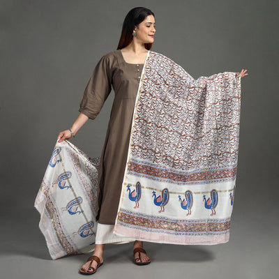 Brown - Handloom Chanderi Silk Sanganeri Print Dupatta 12