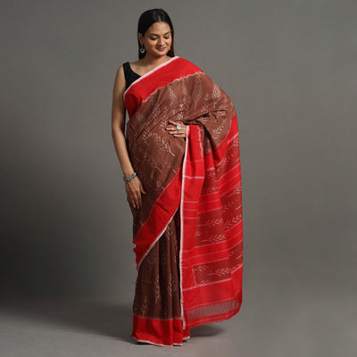 Brown - Pochampally Ikat Weave Handloom Cotton Saree
