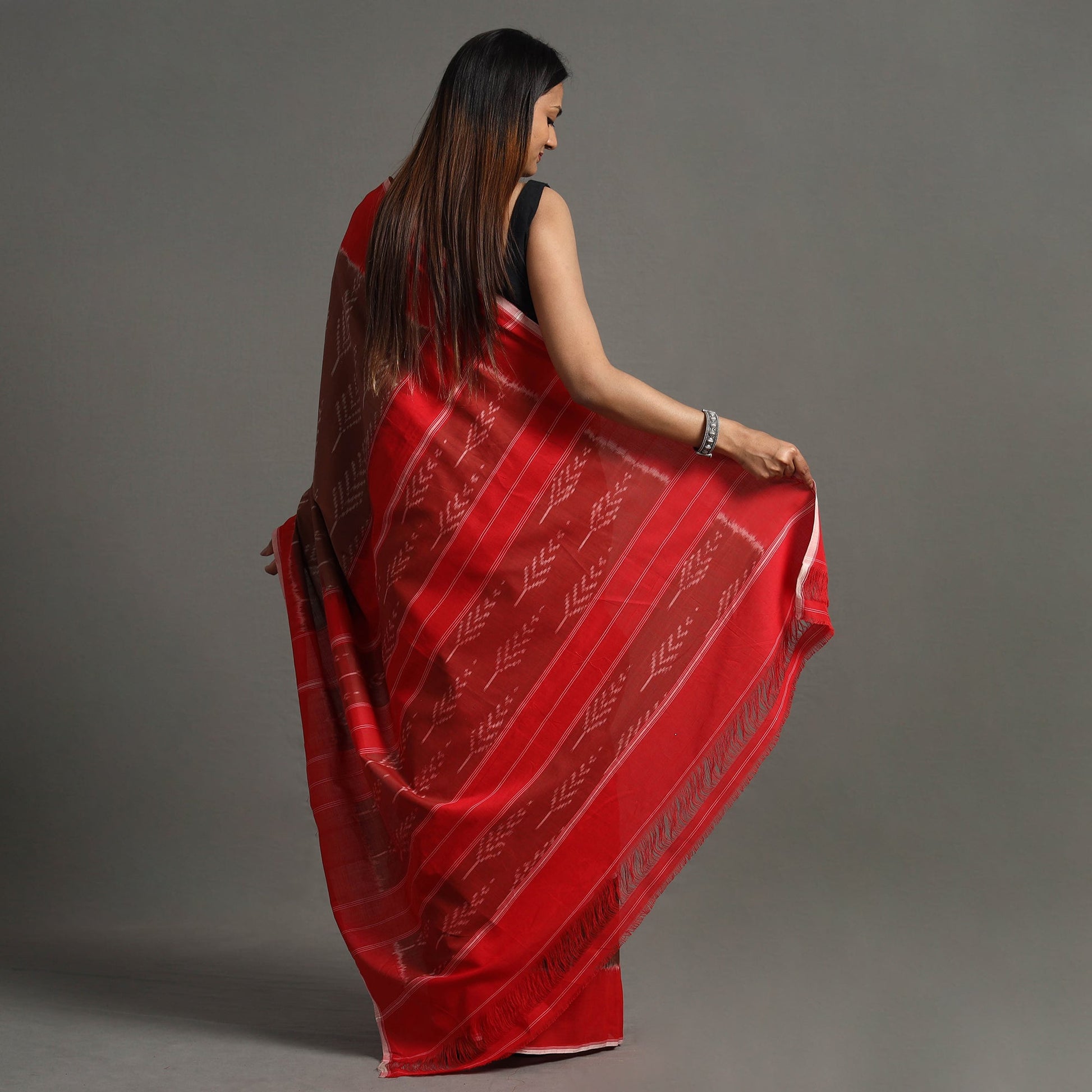 Brown - Pochampally Ikat Weave Handloom Cotton Saree