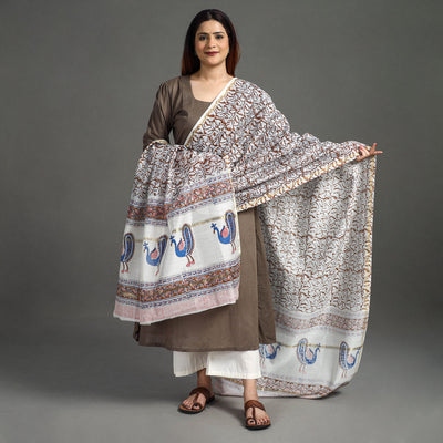 Brown - Handloom Chanderi Silk Sanganeri Print Dupatta 12