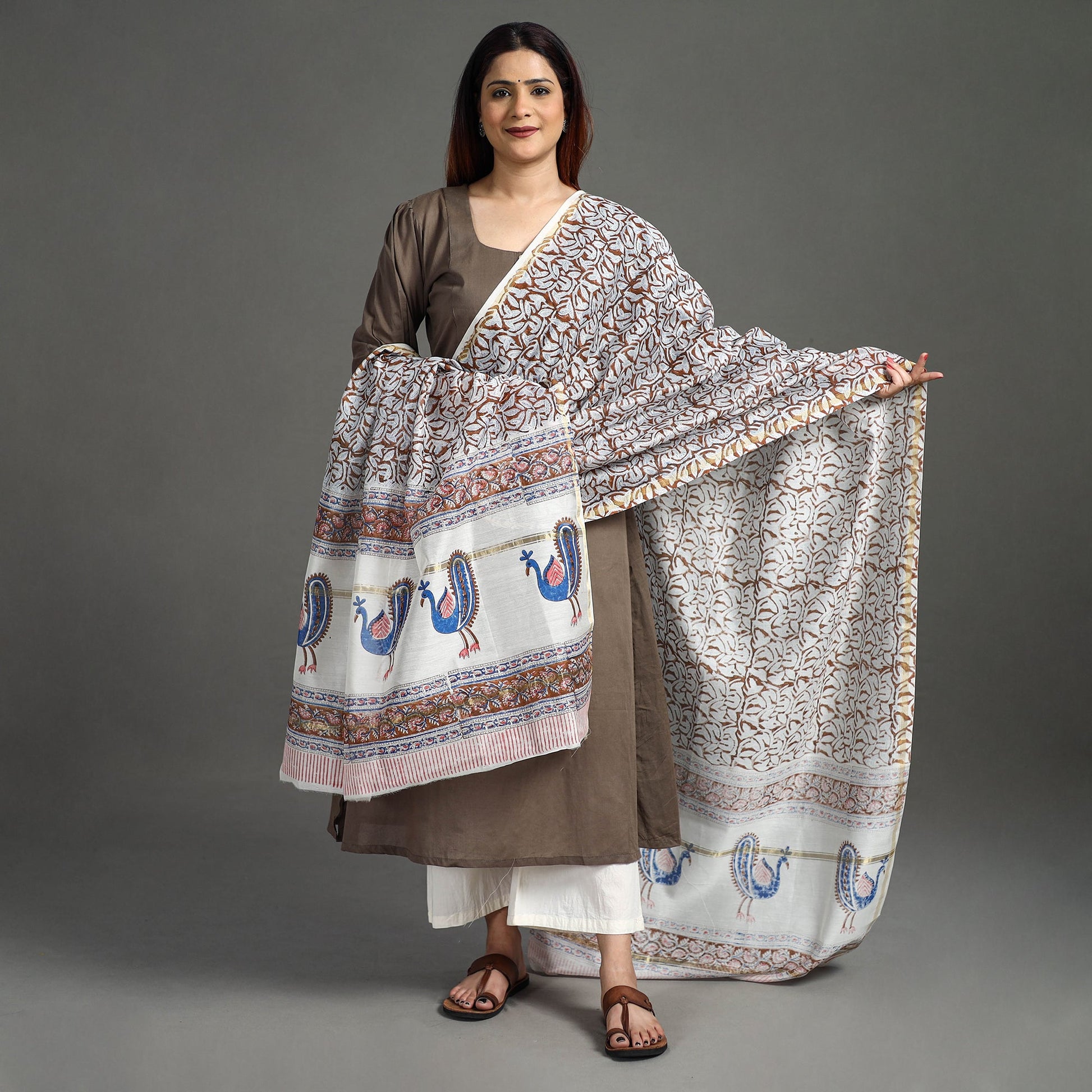 Brown - Handloom Chanderi Silk Sanganeri Print Dupatta 12