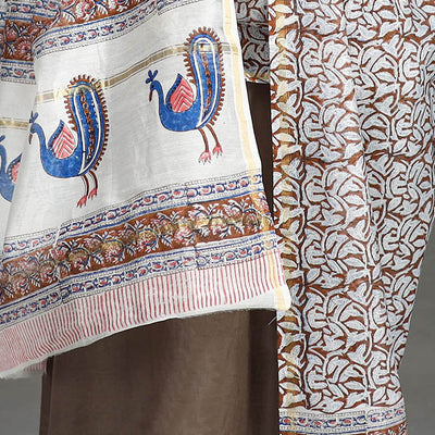 Brown - Handloom Chanderi Silk Sanganeri Print Dupatta 12