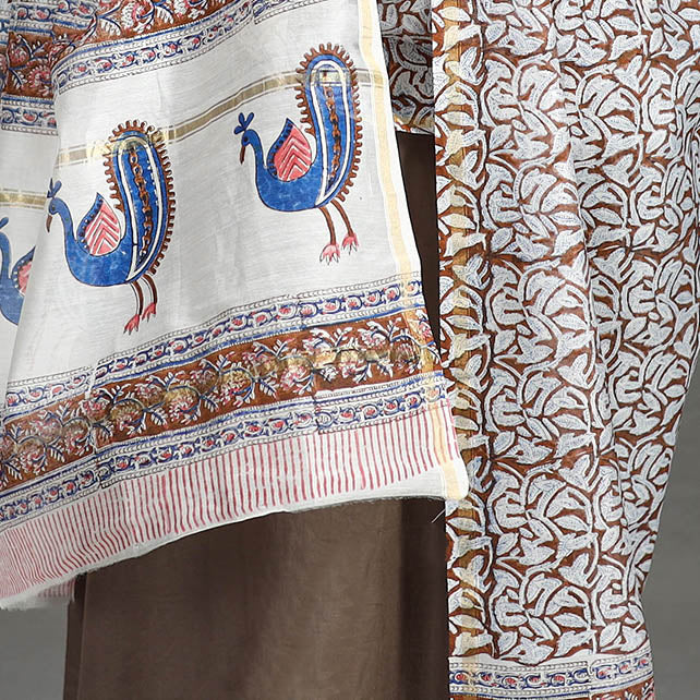 Brown - Handloom Chanderi Silk Sanganeri Print Dupatta 12