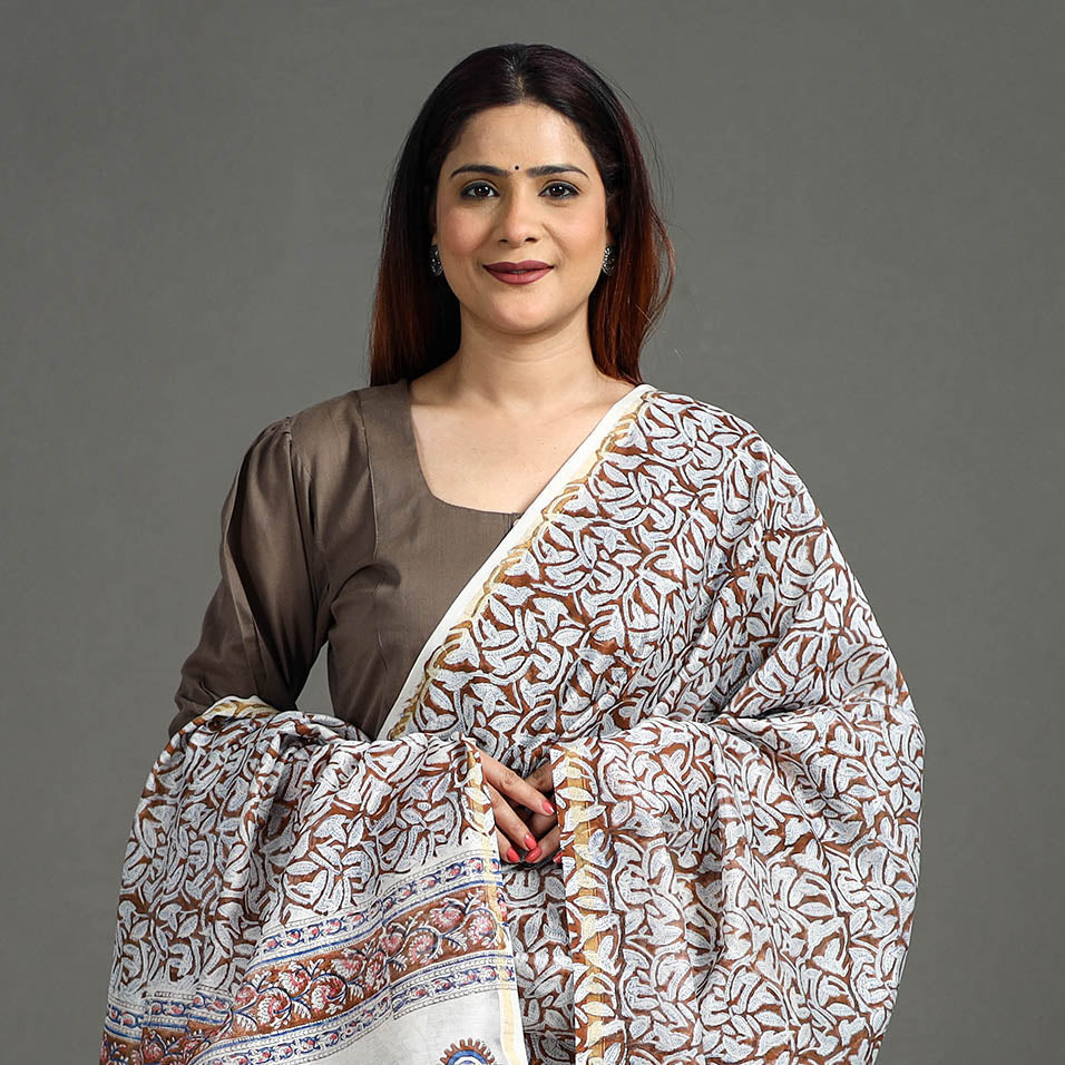 Brown - Handloom Chanderi Silk Sanganeri Print Dupatta 12
