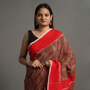 Brown - Pochampally Ikat Weave Handloom Cotton Saree