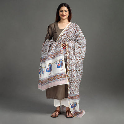 Brown - Handloom Chanderi Silk Sanganeri Print Dupatta 12