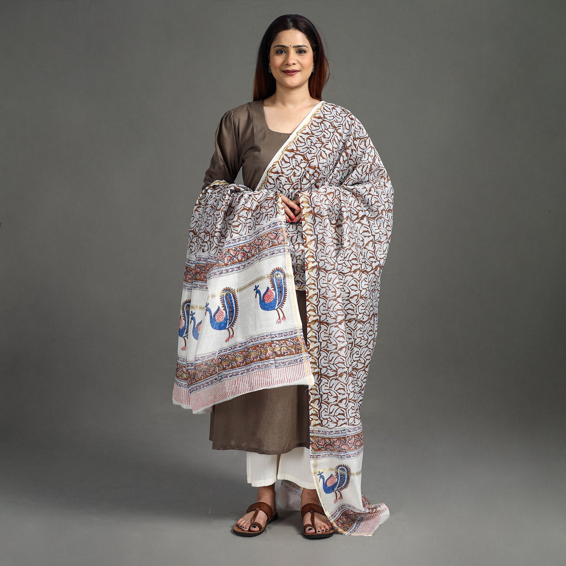 Brown - Handloom Chanderi Silk Sanganeri Print Dupatta 12