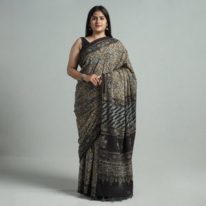 Brown - Natural Dyed Block Print Mul Cotton Ajrakh Saree 08