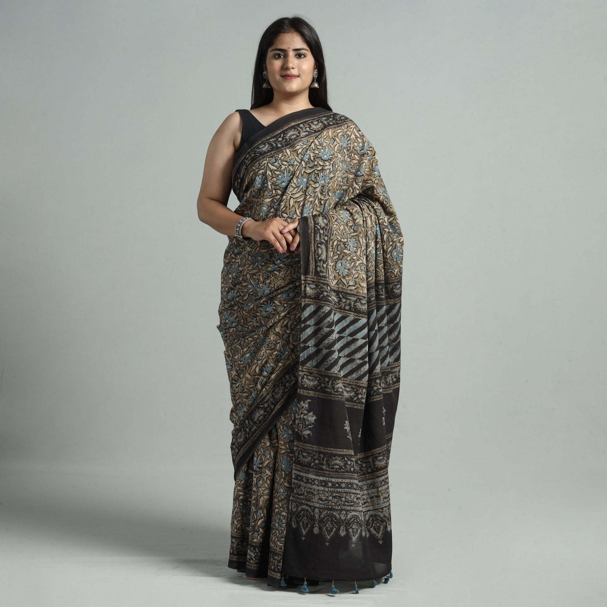 Brown - Natural Dyed Block Print Mul Cotton Ajrakh Saree 08