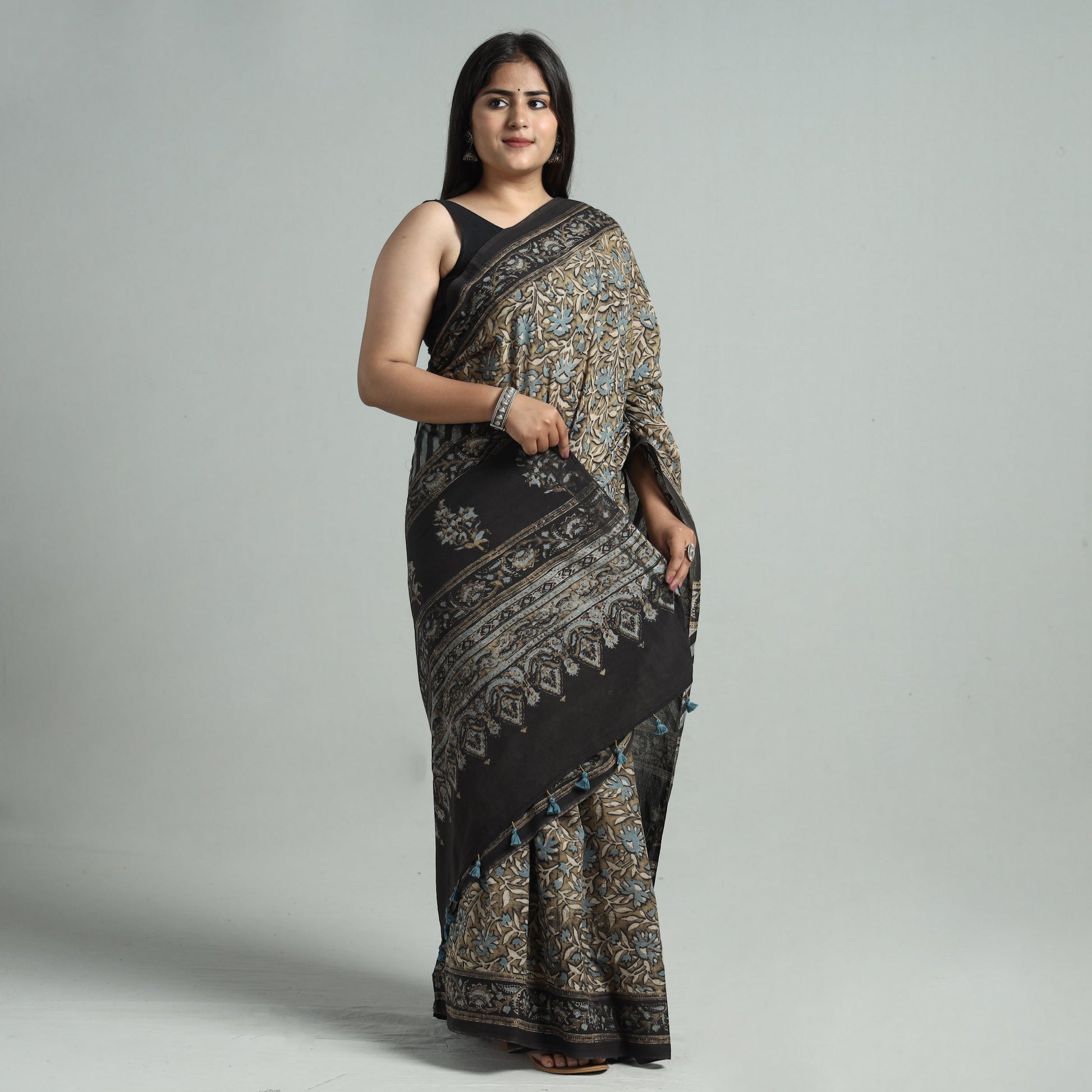Brown - Natural Dyed Block Print Mul Cotton Ajrakh Saree 08