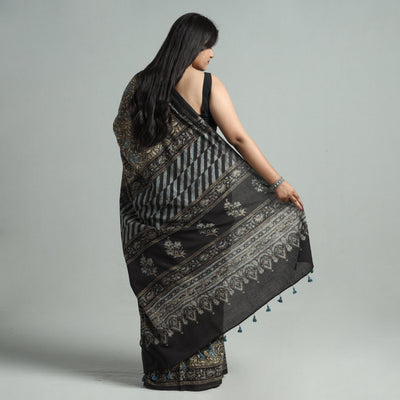 Brown - Natural Dyed Block Print Mul Cotton Ajrakh Saree 08