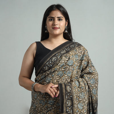 Brown - Natural Dyed Block Print Mul Cotton Ajrakh Saree 08