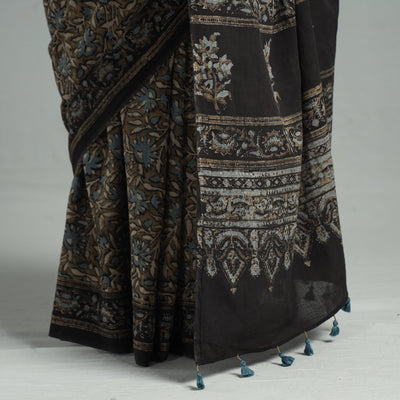 Brown - Natural Dyed Block Print Mul Cotton Ajrakh Saree 08