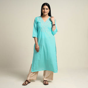 Aqua Blue Hand Embroidery Plain Cotton Long Straight Kurta