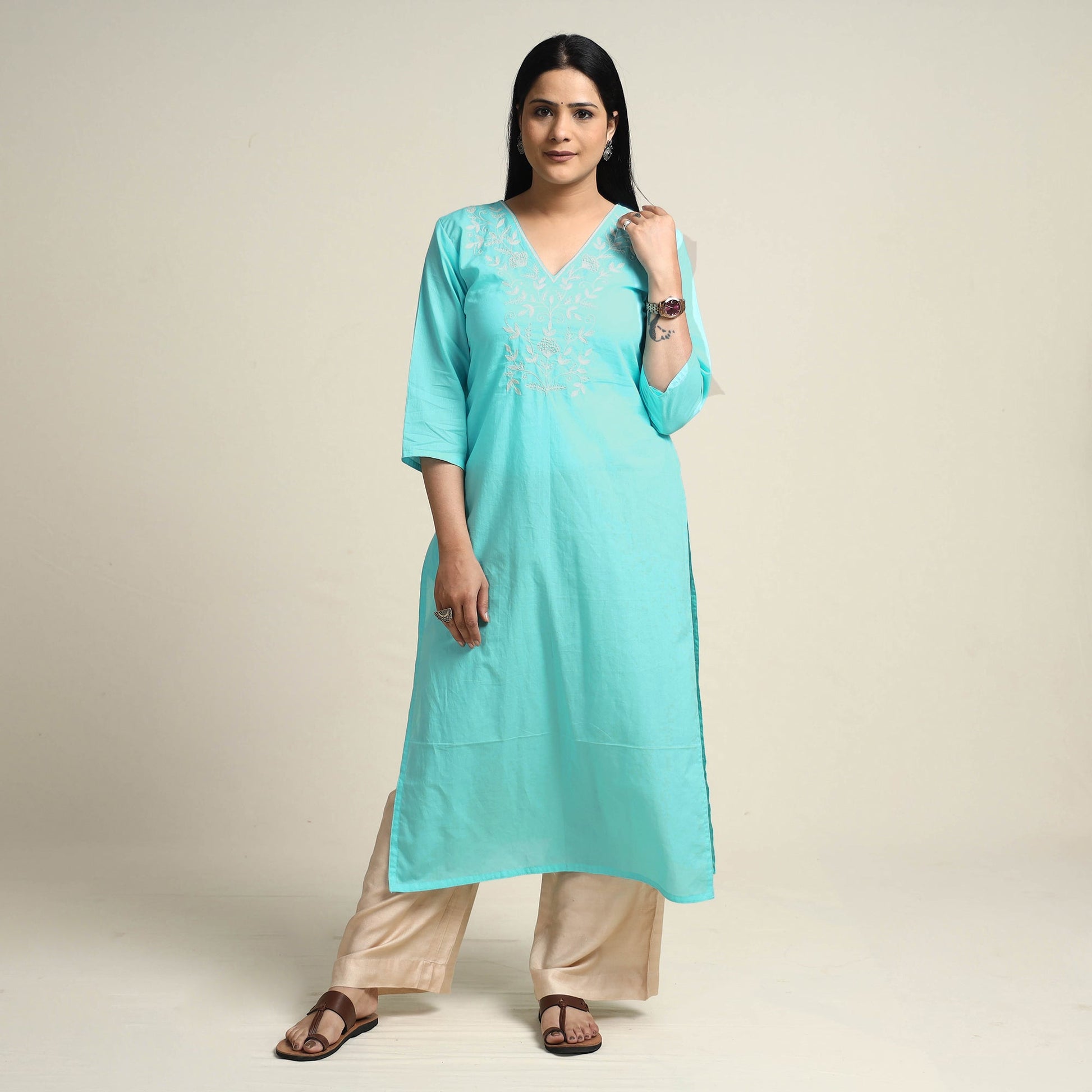 Aqua Blue Hand Embroidery Plain Cotton Long Straight Kurta
