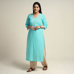 Aqua Blue Hand Embroidery Plain Cotton Long Straight Kurta