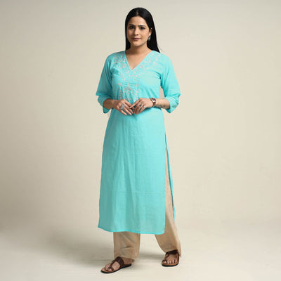 Aqua Blue Hand Embroidery Plain Cotton Long Straight Kurta