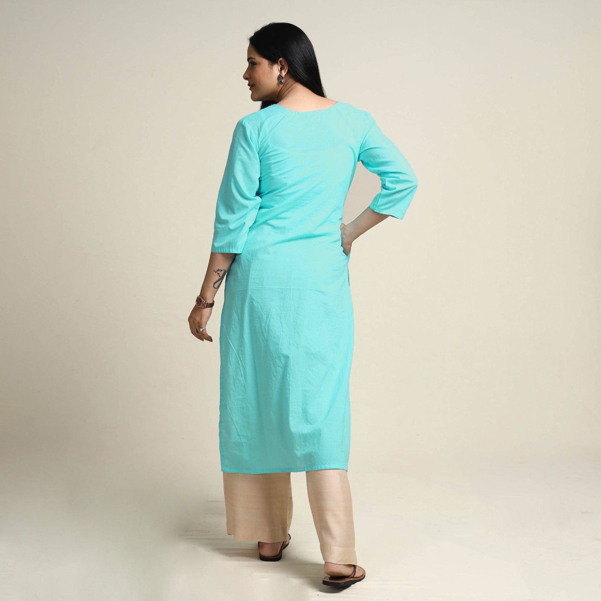 Aqua Blue Hand Embroidery Plain Cotton Long Straight Kurta