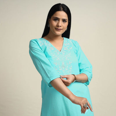 Aqua Blue Hand Embroidery Plain Cotton Long Straight Kurta