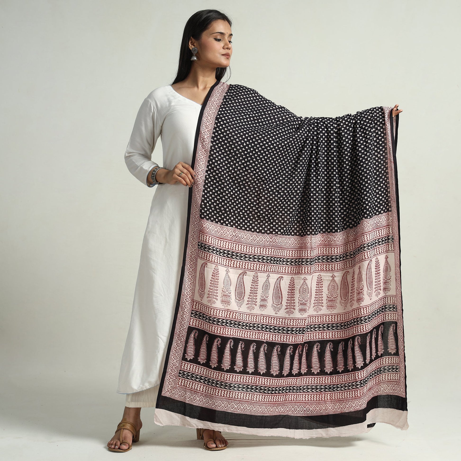 Black - Block Printed Cotton Bagh Dupatta