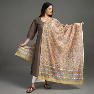 Brown - Handloom Chanderi Silk Sanganeri Print Dupatta 25