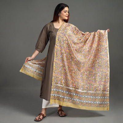 Brown - Handloom Chanderi Silk Sanganeri Print Dupatta 25