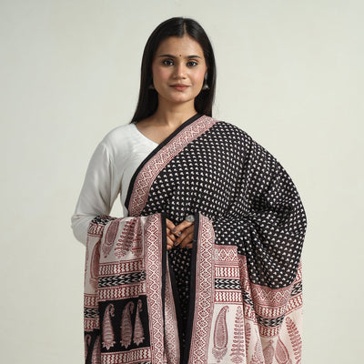 Black - Block Printed Cotton Bagh Dupatta