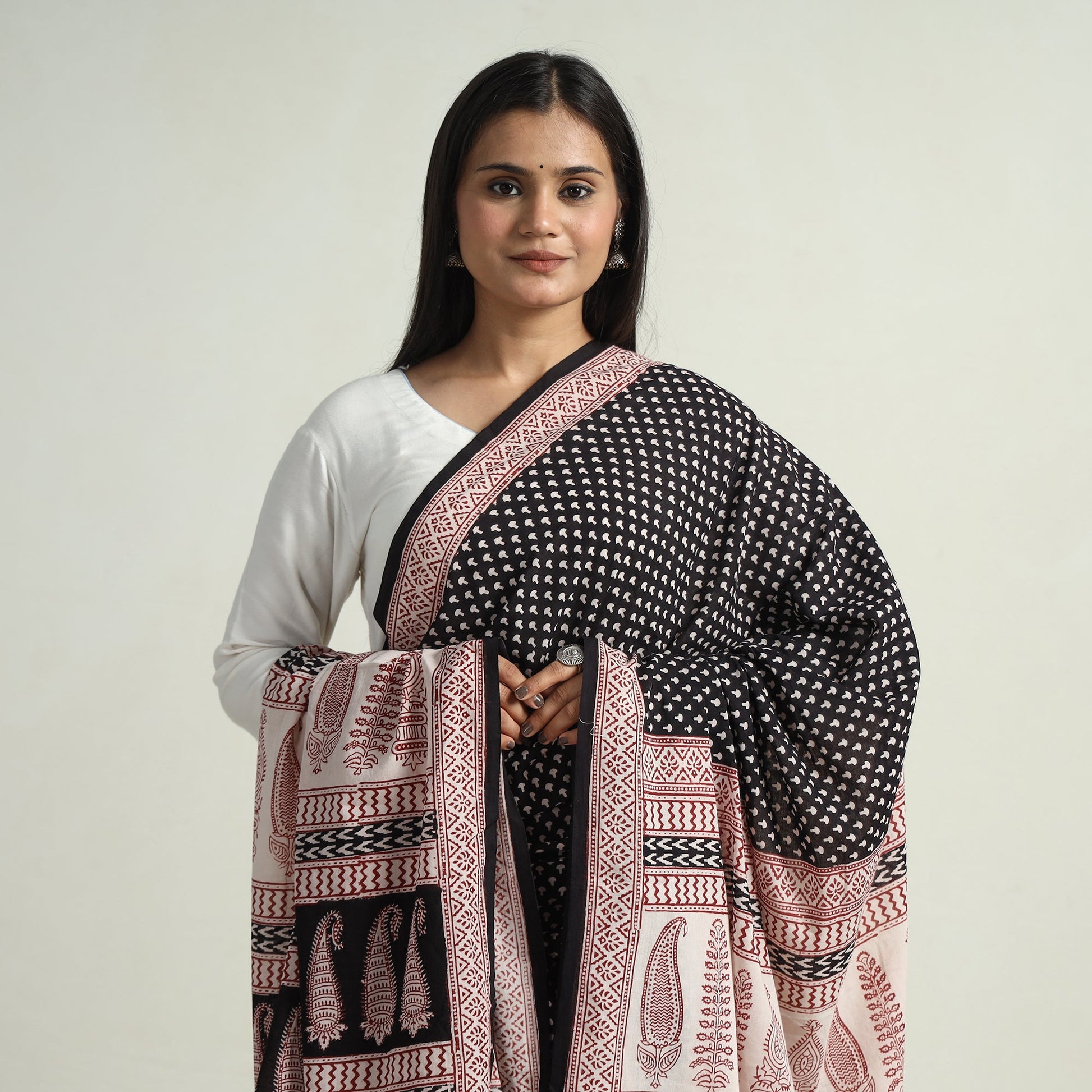 Black - Block Printed Cotton Bagh Dupatta