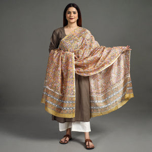 Brown - Handloom Chanderi Silk Sanganeri Print Dupatta 25