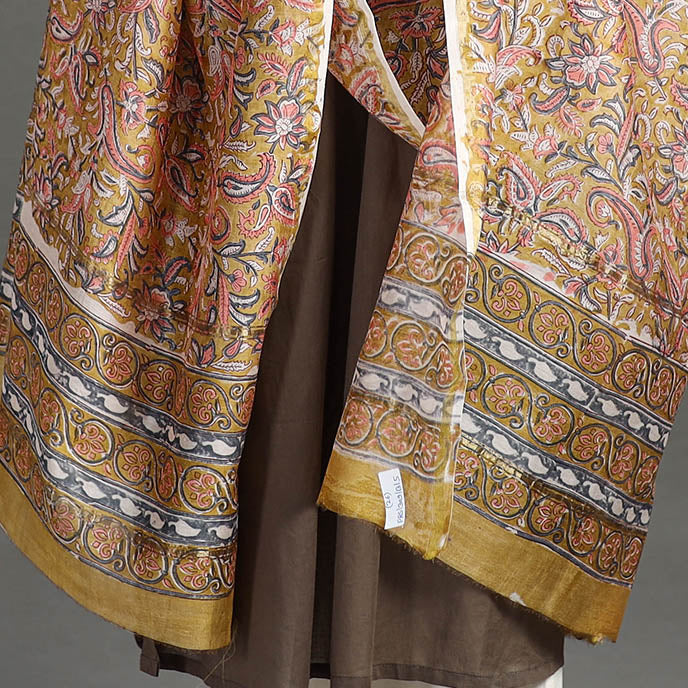 Brown - Handloom Chanderi Silk Sanganeri Print Dupatta 25