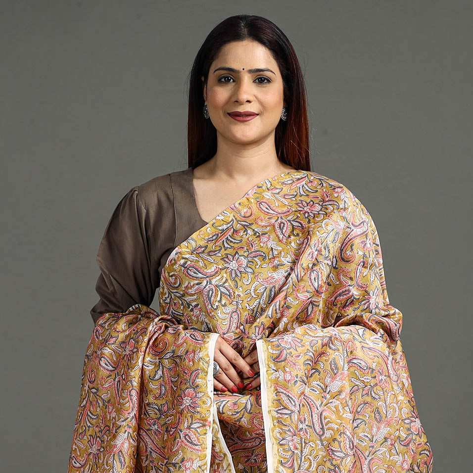 Brown - Handloom Chanderi Silk Sanganeri Print Dupatta 25