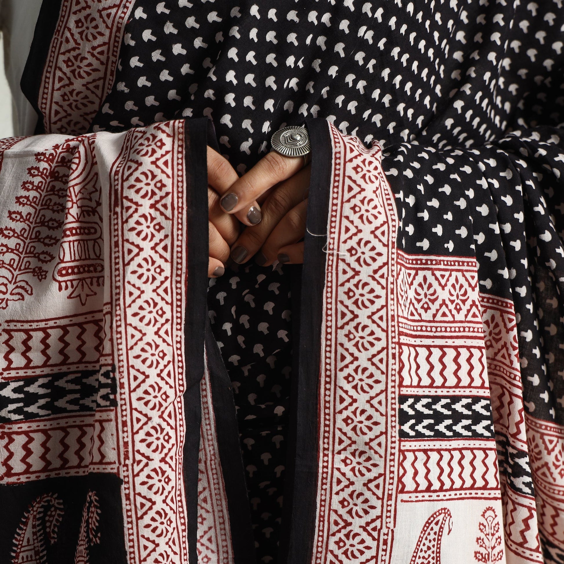 Black - Block Printed Cotton Bagh Dupatta
