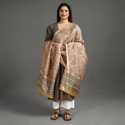Brown - Handloom Chanderi Silk Sanganeri Print Dupatta 25