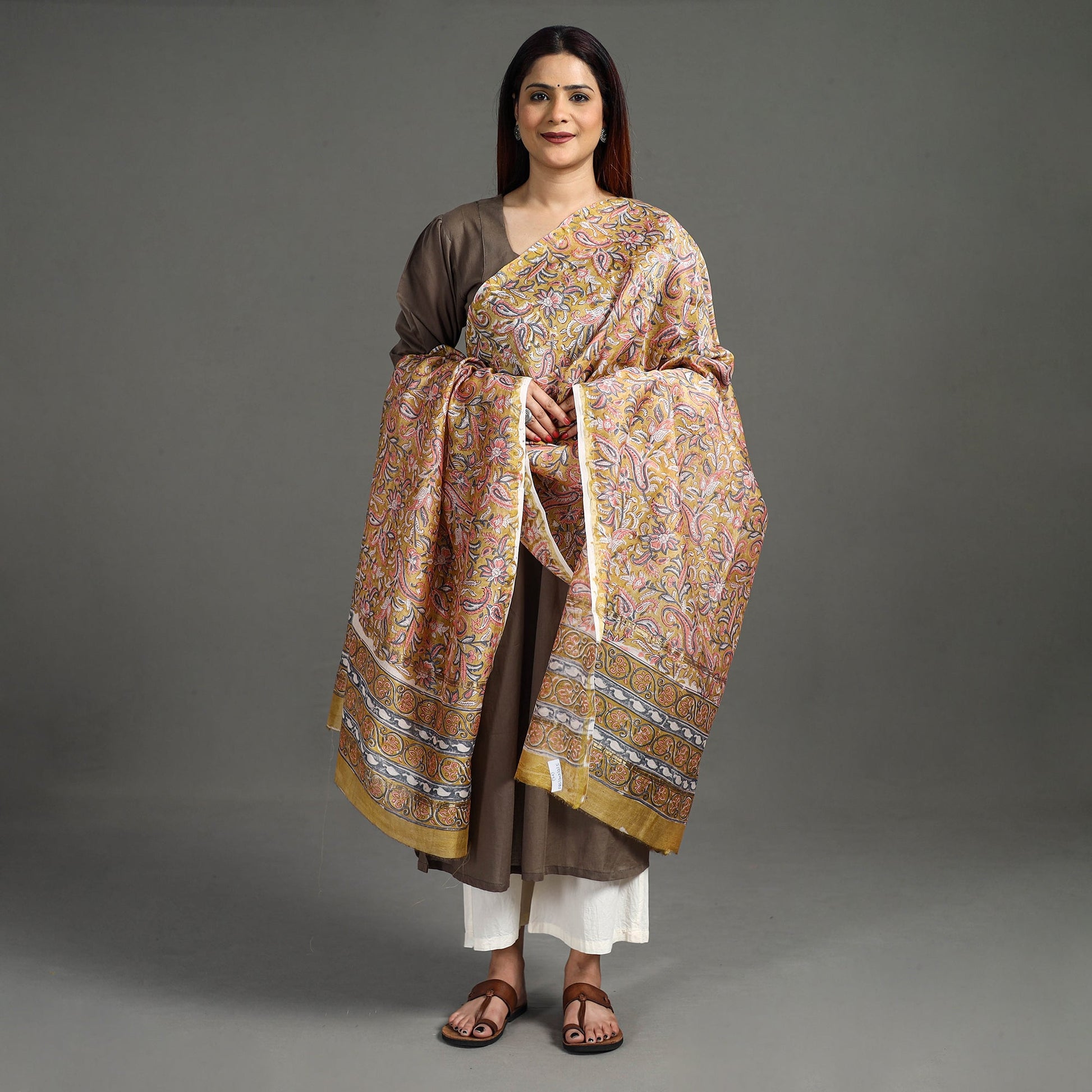 Brown - Handloom Chanderi Silk Sanganeri Print Dupatta 25