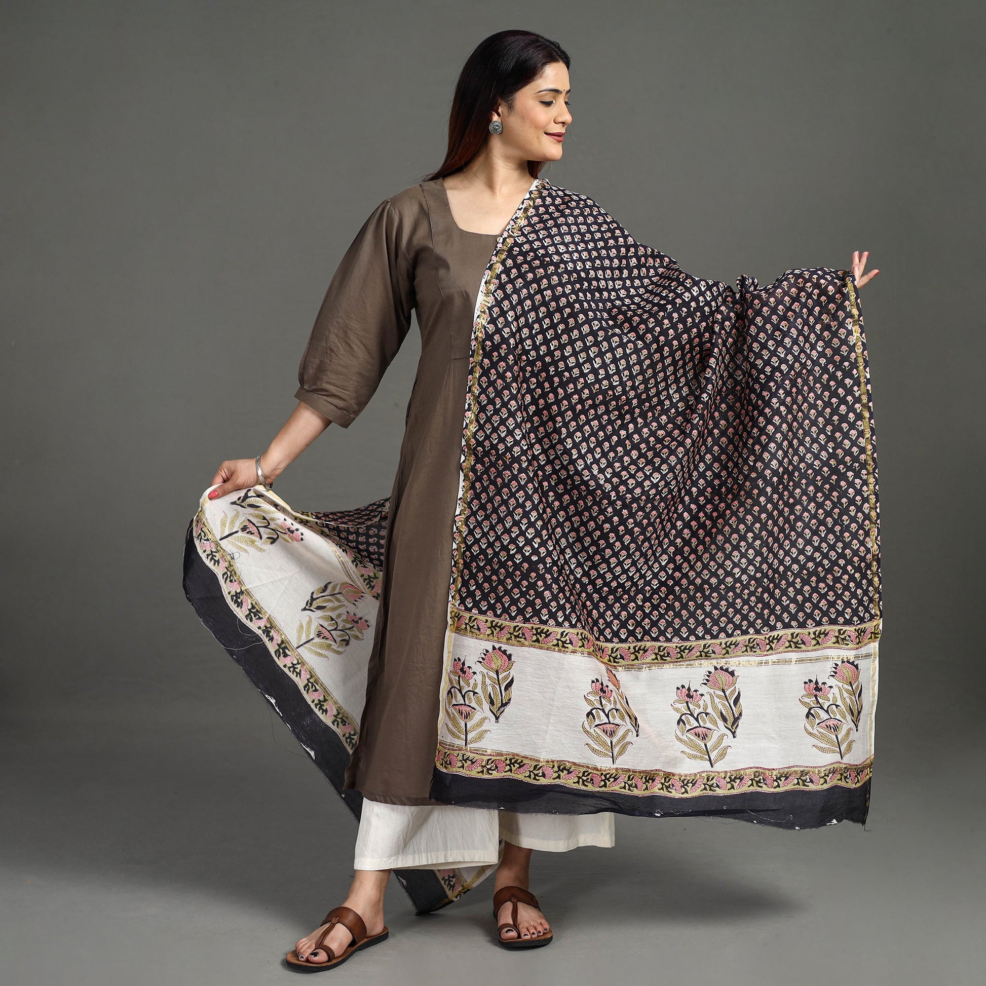 Black - Handloom Chanderi Silk Sanganeri Print Dupatta 26