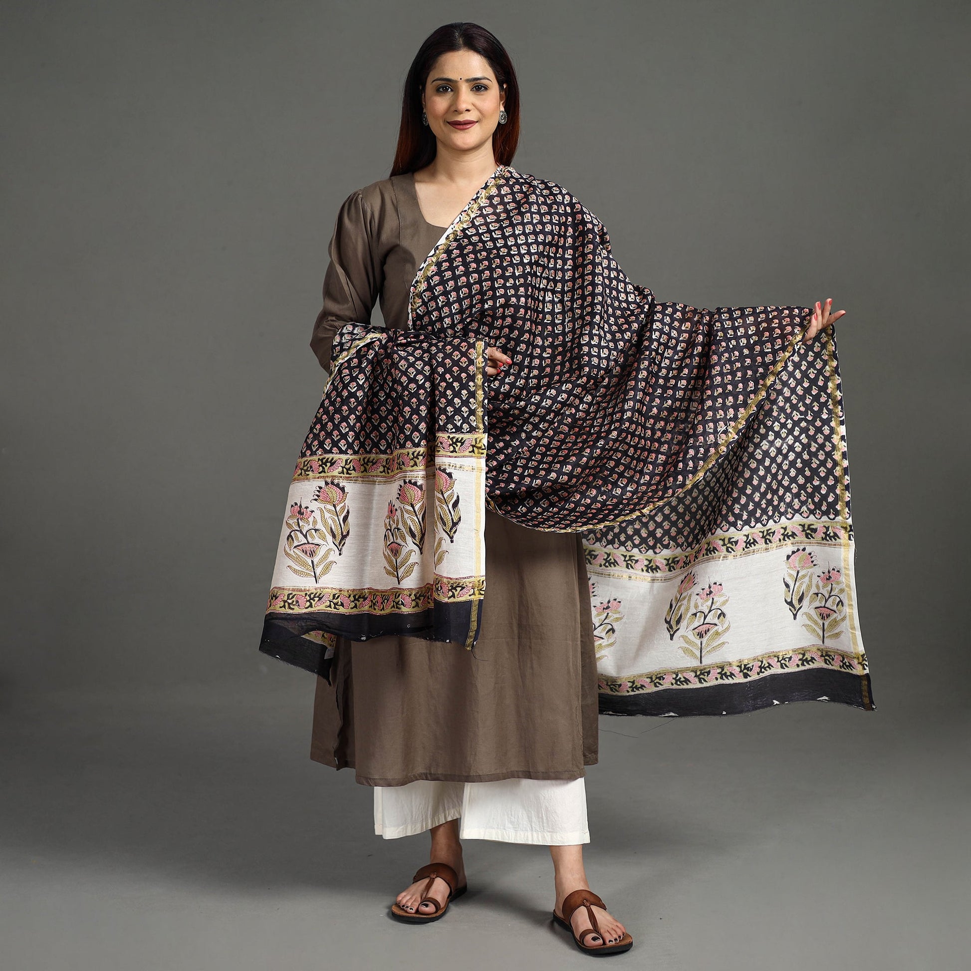 Black - Handloom Chanderi Silk Sanganeri Print Dupatta 26