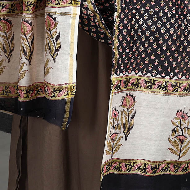 Black - Handloom Chanderi Silk Sanganeri Print Dupatta 26