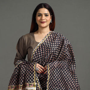 Black - Handloom Chanderi Silk Sanganeri Print Dupatta 26