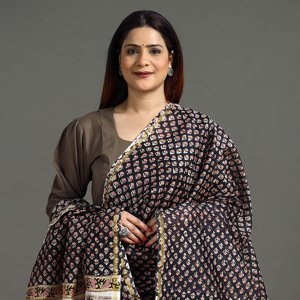 Black - Handloom Chanderi Silk Sanganeri Print Dupatta 26