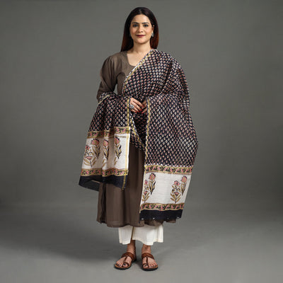 Black - Handloom Chanderi Silk Sanganeri Print Dupatta 26