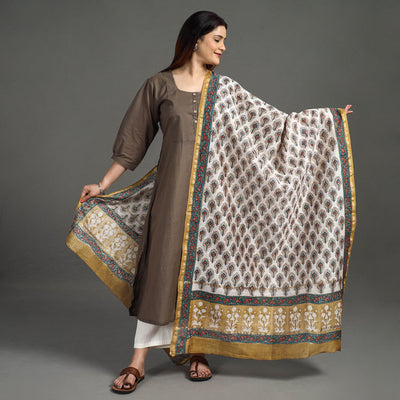 Brown - Handloom Chanderi Silk Sanganeri Print Dupatta 28