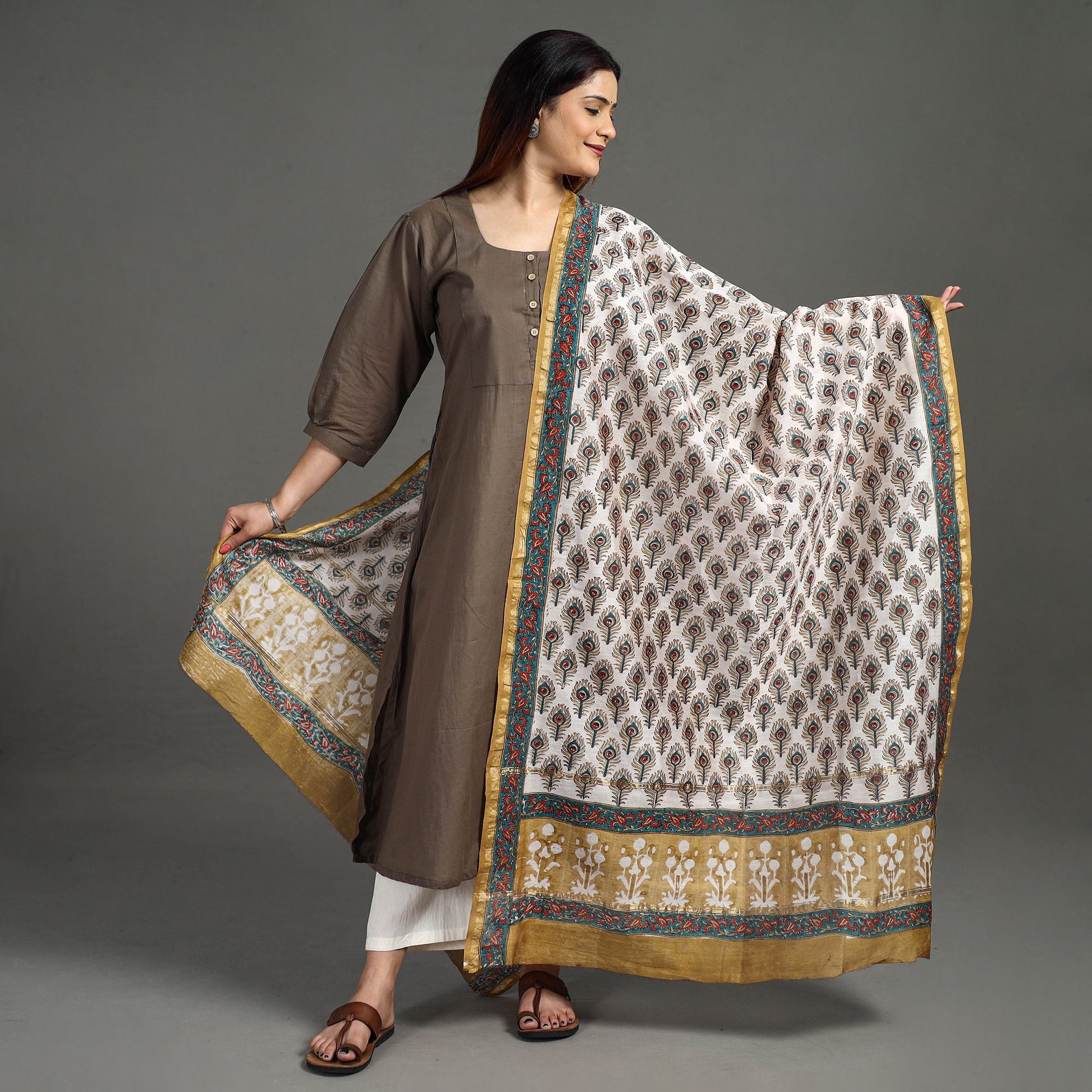 Brown - Handloom Chanderi Silk Sanganeri Print Dupatta 28