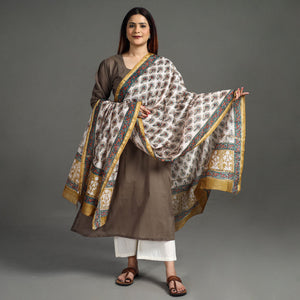 Brown - Handloom Chanderi Silk Sanganeri Print Dupatta 28