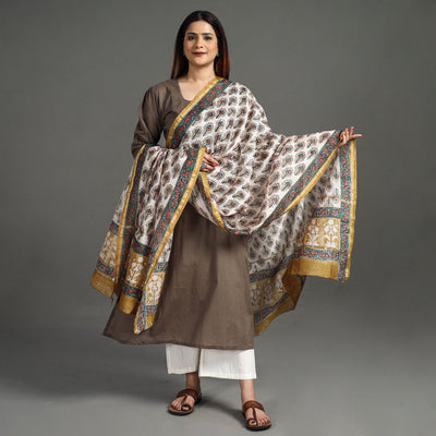 Brown - Handloom Chanderi Silk Sanganeri Print Dupatta 28