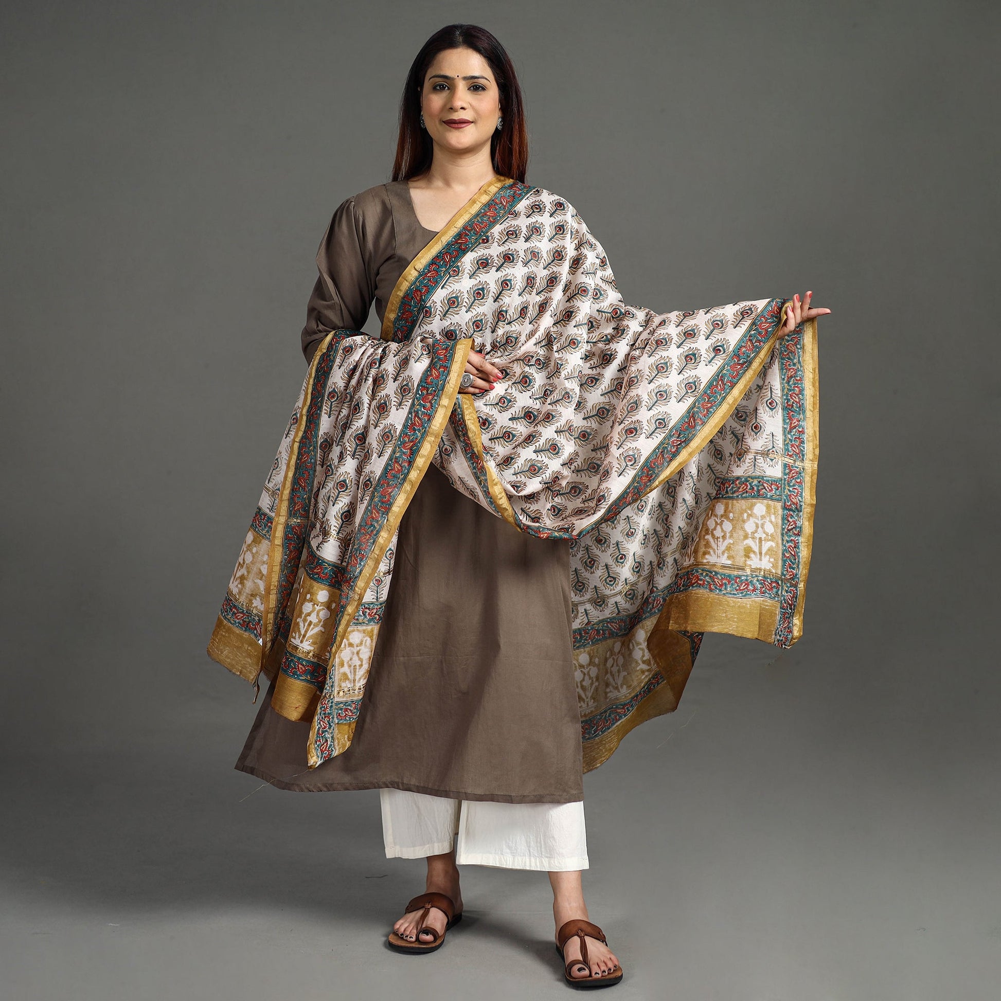 Brown - Handloom Chanderi Silk Sanganeri Print Dupatta 28