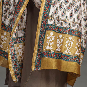 Brown - Handloom Chanderi Silk Sanganeri Print Dupatta 28