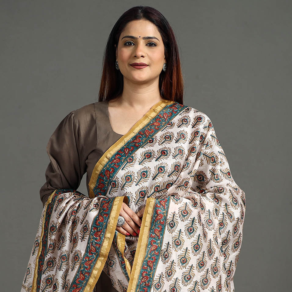 Brown - Handloom Chanderi Silk Sanganeri Print Dupatta 28